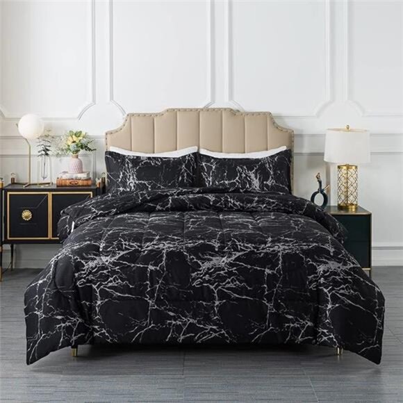 Black Marble Comforter Set Full Size, 3 Pieces Modern Pattern Soft Microfiber - Picture 8 of 8